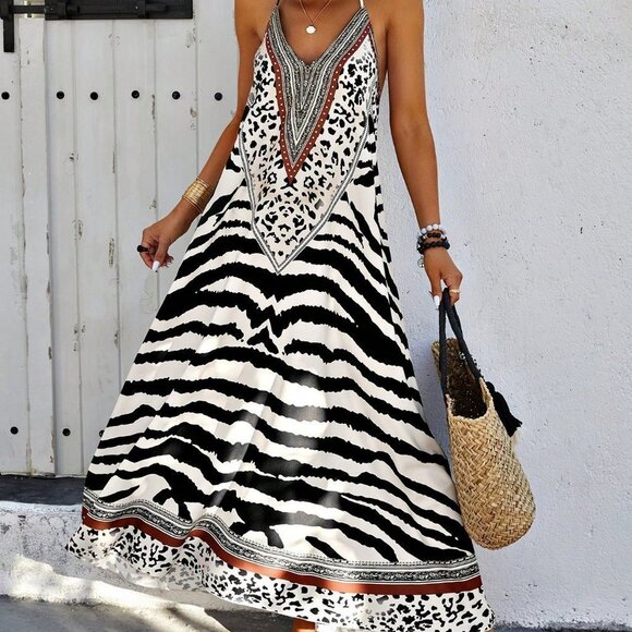 White Boho Womens Animal Print Backless Halter Neck Dress - Picture 5 of 5